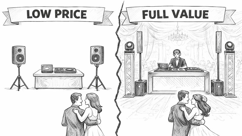 Illustration comparing low-price DJ setups versus full-value wedding DJ production