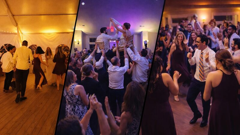 Three-panel collage of wedding dance floor moments showing how energy builds through the night