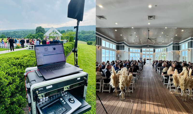 Split image of outdoor ceremony sound setup and an indoor wedding ceremony space