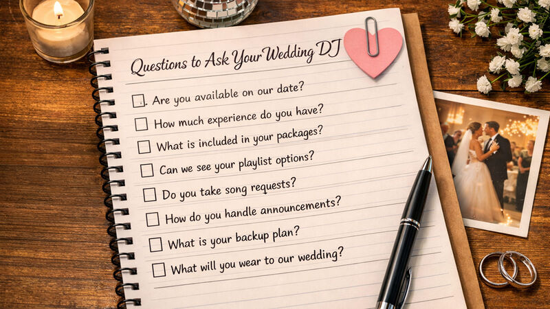 Notebook checklist titled "Questions to Ask Your Wedding DJ" on a desk with headphones and a pen