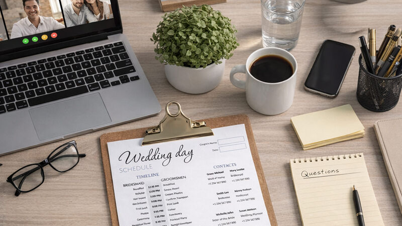 Wedding planning desk with a timeline sheet, laptop, coffee, and notes